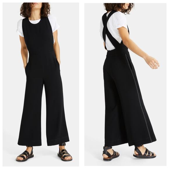 Theory X Back Jumpsuit Size 10 Black Crepe Cross Back Wide Leg Side Stripe - Picture 1 of 13